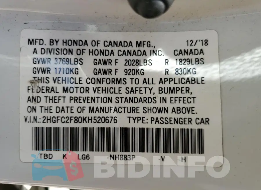 2HGFC2F80KH520676 Photo# 13