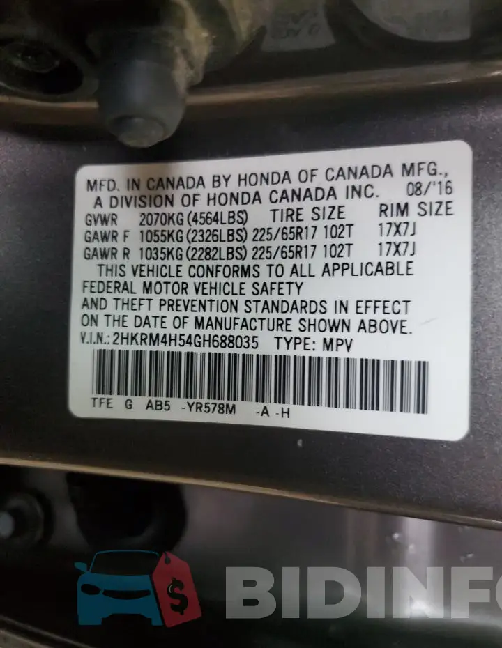 2HKRM4H54GH688035 Photo# 13