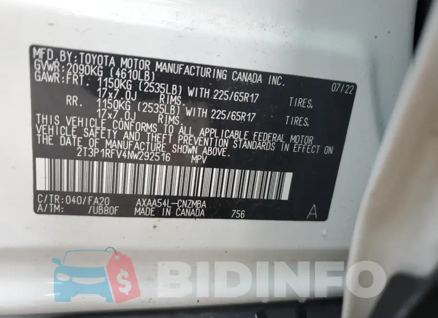 2T3P1RFV4NW292516 Photo# 14