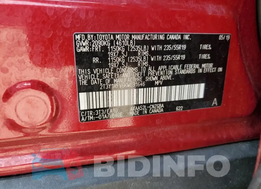 2T3Y1RFV6KW031646 Photo# 13