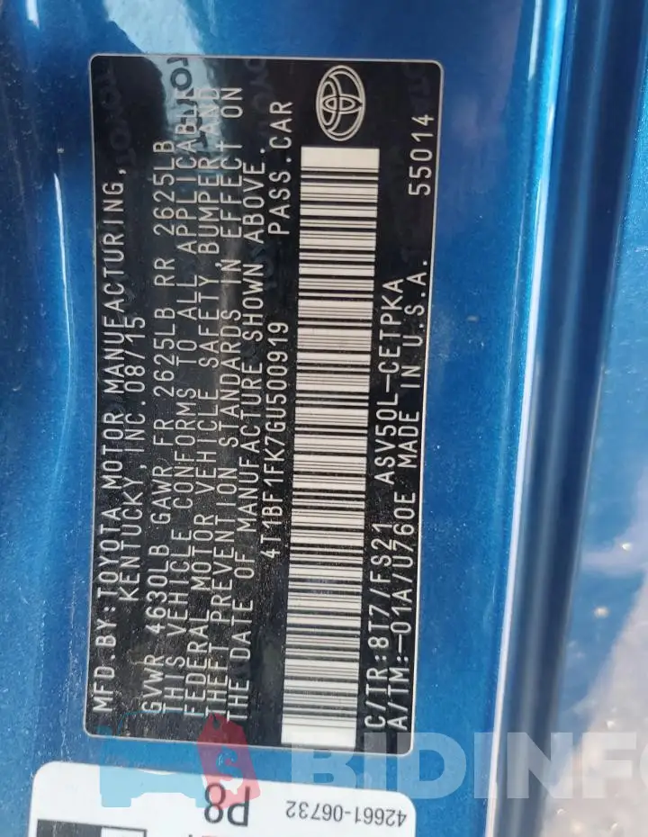 4T1BF1FK7GU500919 Photo# 12