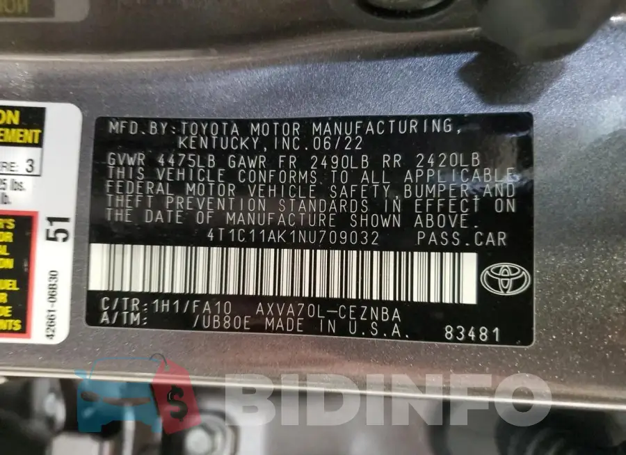 4T1C11AK1NU709032 Photo# 13