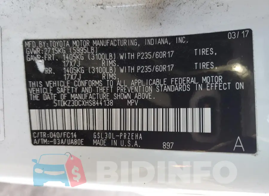 5TDKZ3DCXHS844138 Photo# 13