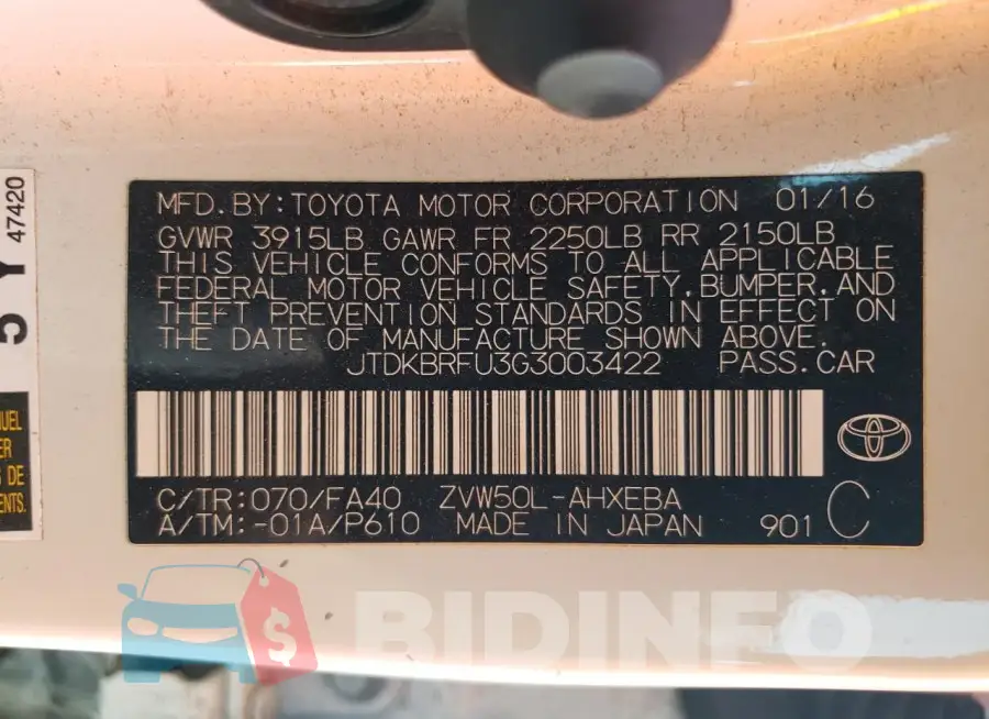 JTDKBRFU3G3003422 Photo# 12