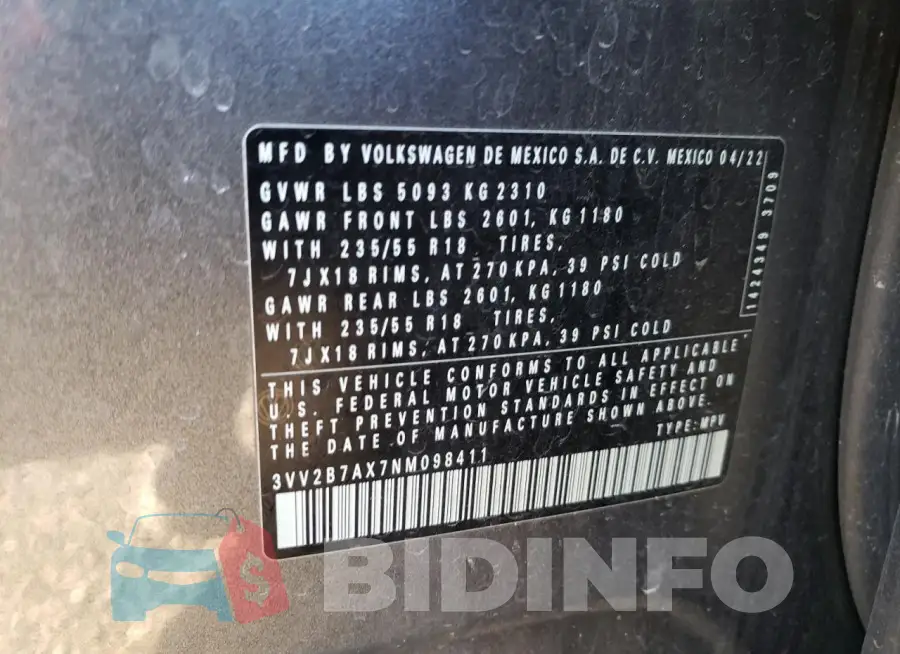 3VV2B7AX7NM098411 Photo# 13
