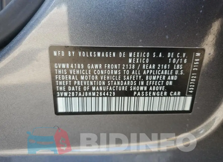 3VW2B7AJ8HM264429 Photo# 12