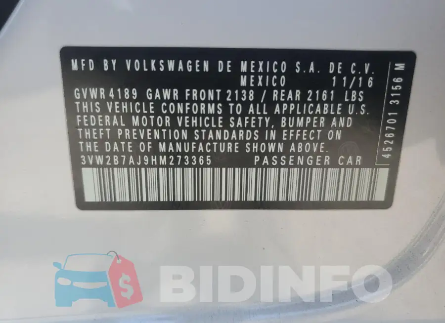 3VW2B7AJ9HM273365 Photo# 12