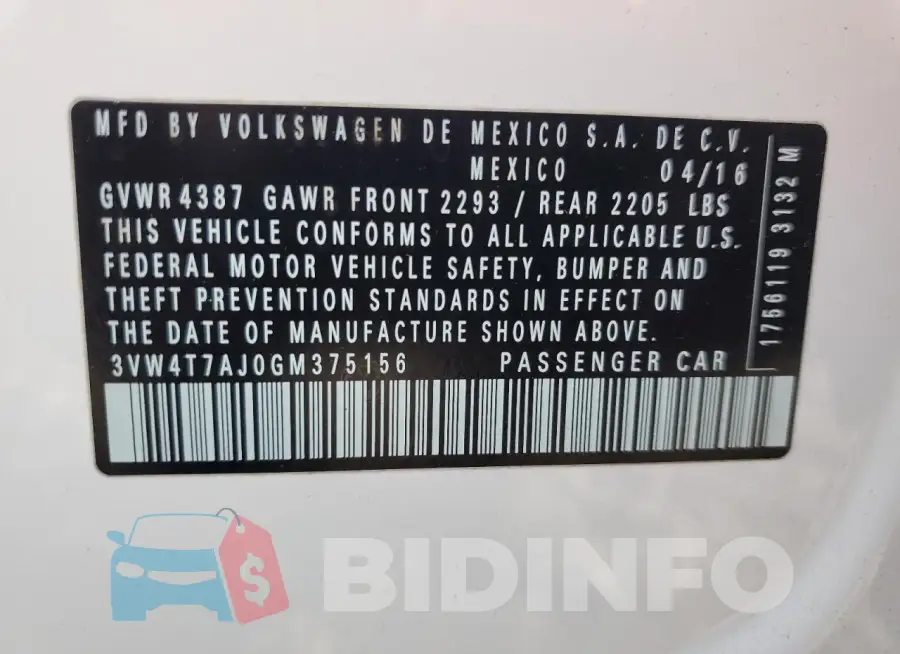 3VW4T7AJ0GM375156 Photo# 12
