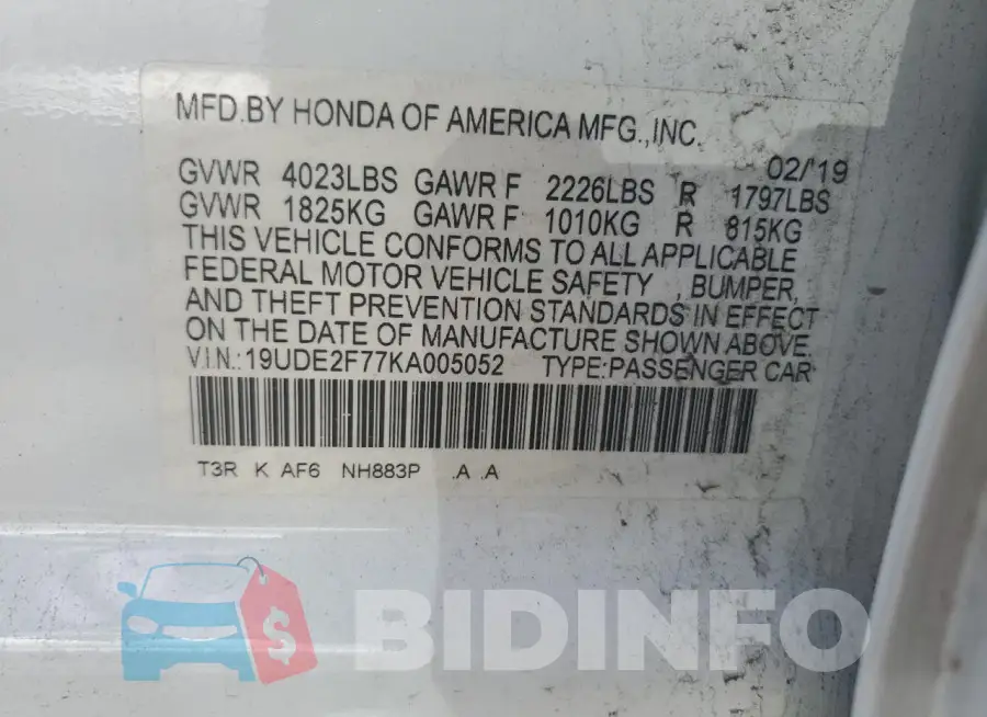 19UDE2F77KA005052 Photo# 12