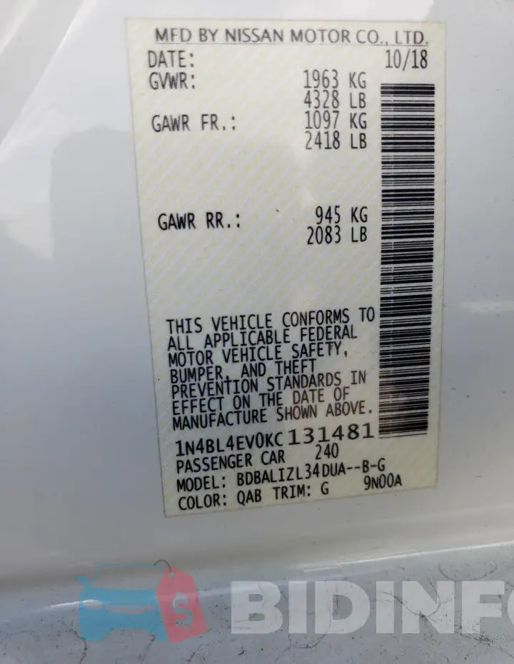 1N4BL4EV0KC131481 Photo# 12