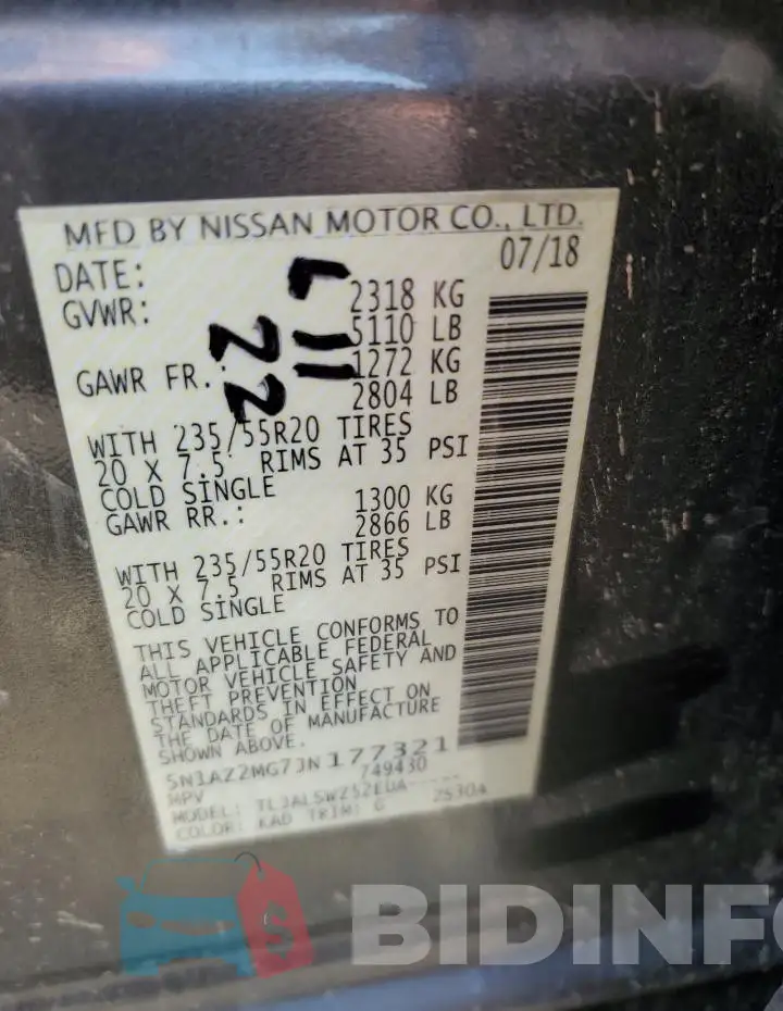 5N1AZ2MG7JN177321 Photo# 13