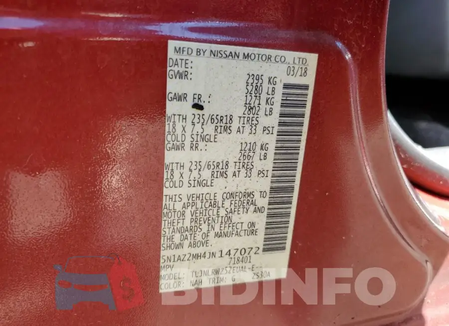 5N1AZ2MH4JN147072 Photo# 14