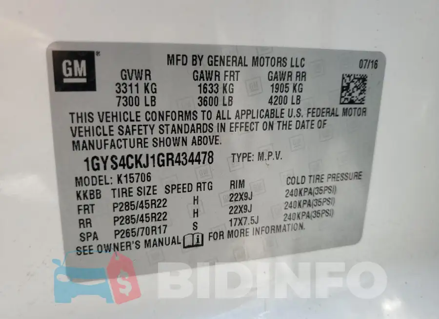 1GYS4CKJ1GR434478 Photo# 13