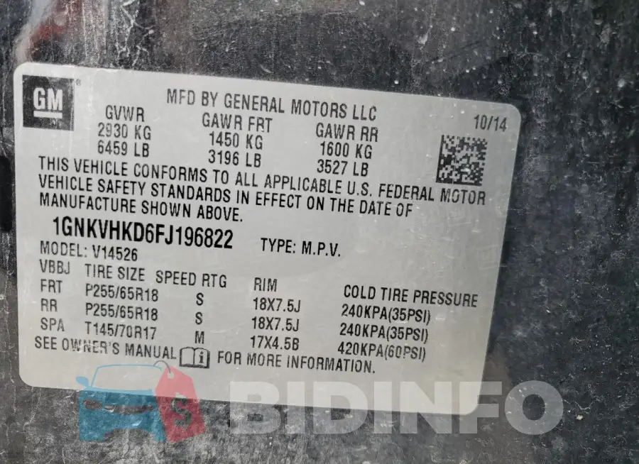 1GNKVHKD6FJ196822 Photo# 13