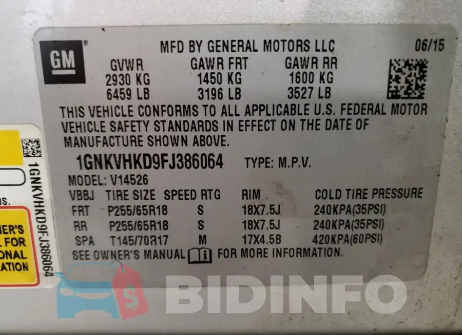 1GNKVHKD9FJ386064 Photo# 13