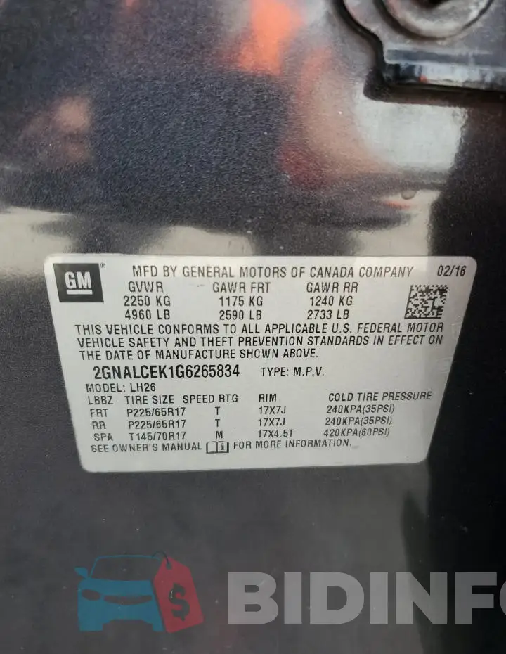 2GNALCEK1G6265834 Photo# 14