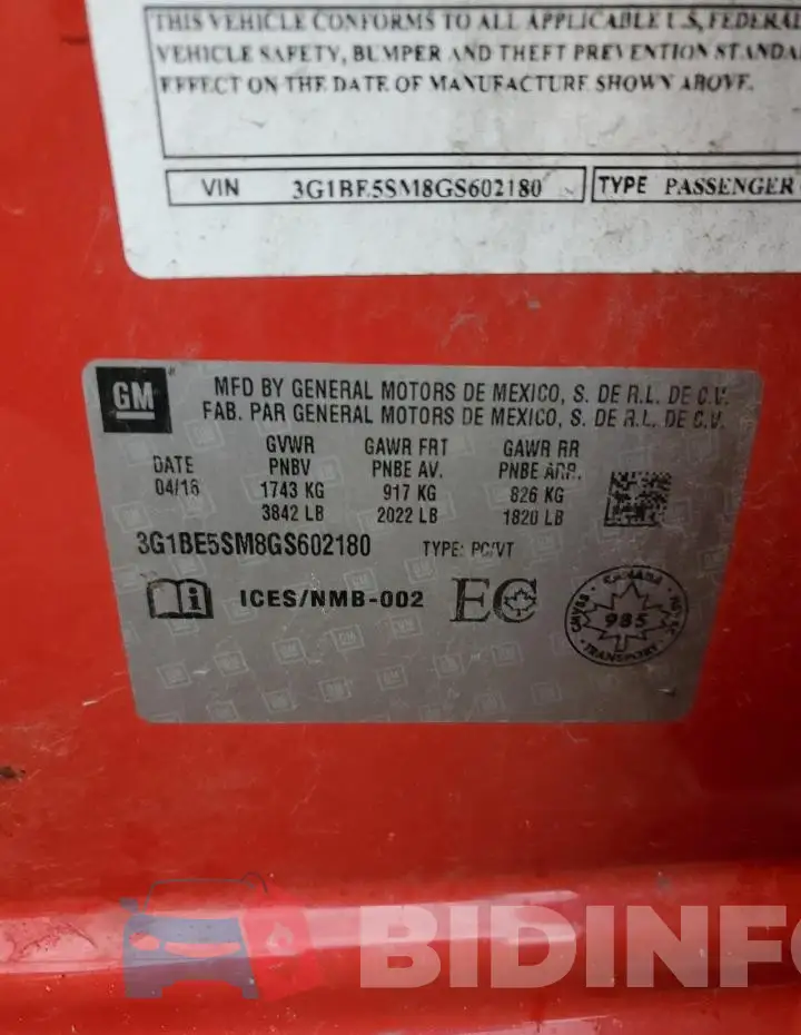 3G1BE5SM8GS602180 Photo# 12