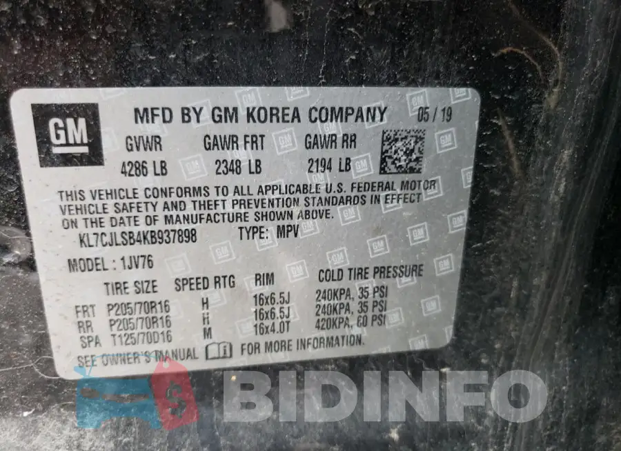 KL7CJLSB4KB937898 Photo# 12