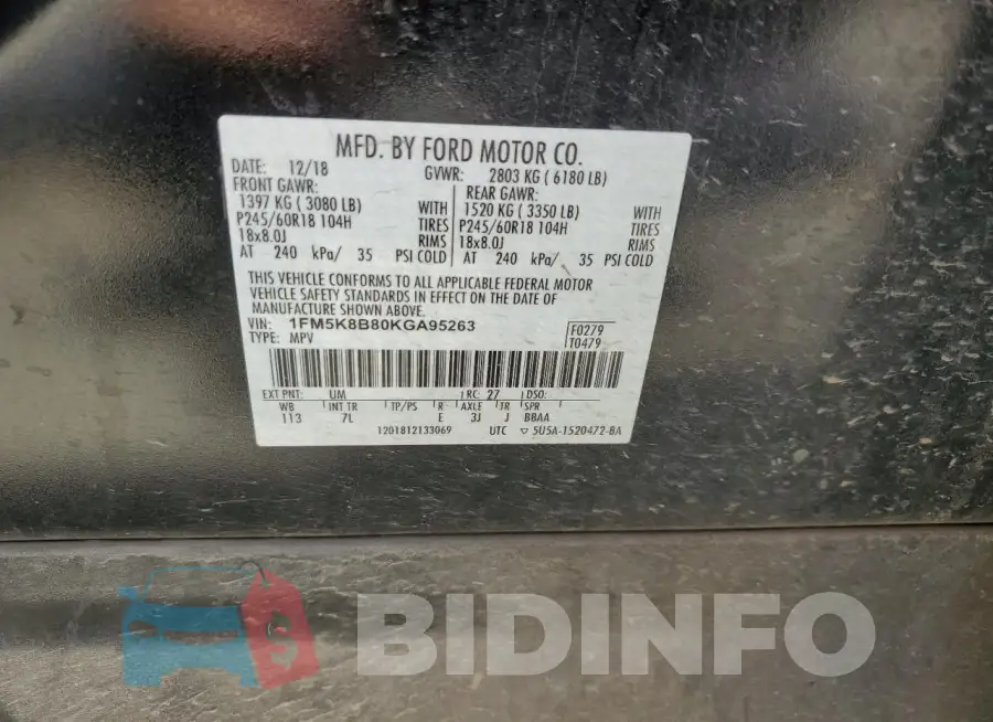 1FM5K8B80KGA95263 Photo# 13