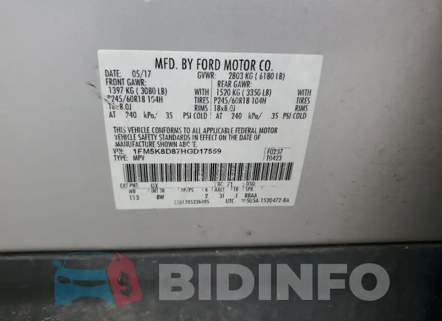 1FM5K8D87HGD17559 Photo# 13