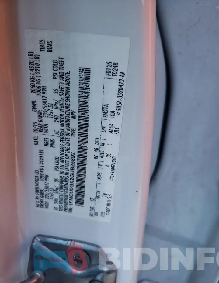 1FMCU0GX2GUB25892 Photo# 13