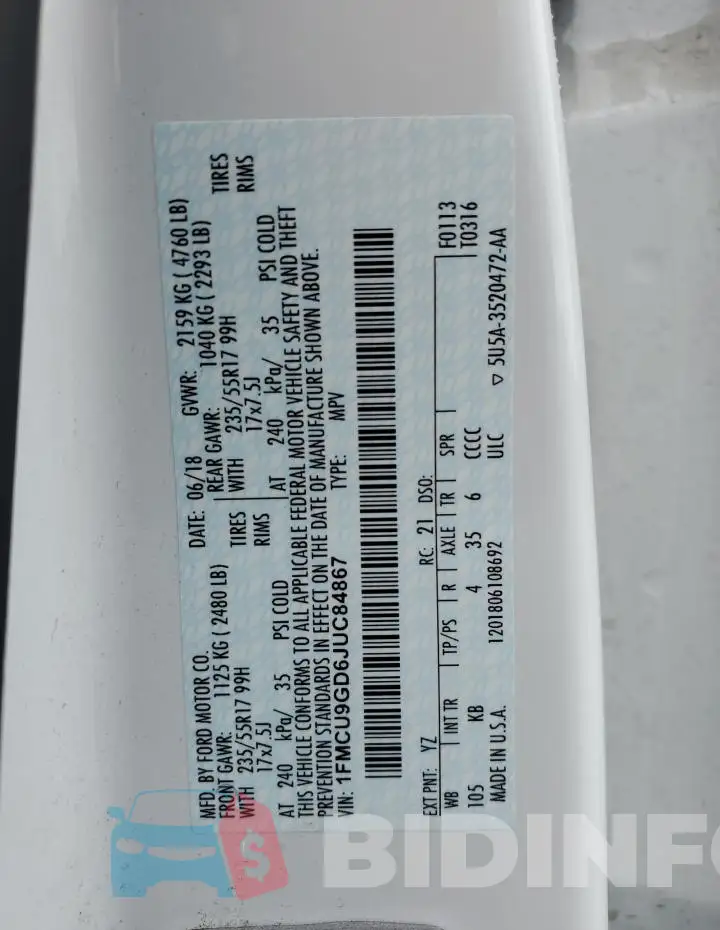 1FMCU9GD6JUC84867 Photo# 13