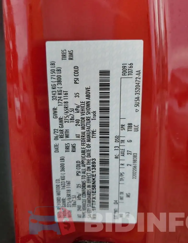 1FTFX1E58NKE13893 Photo# 14