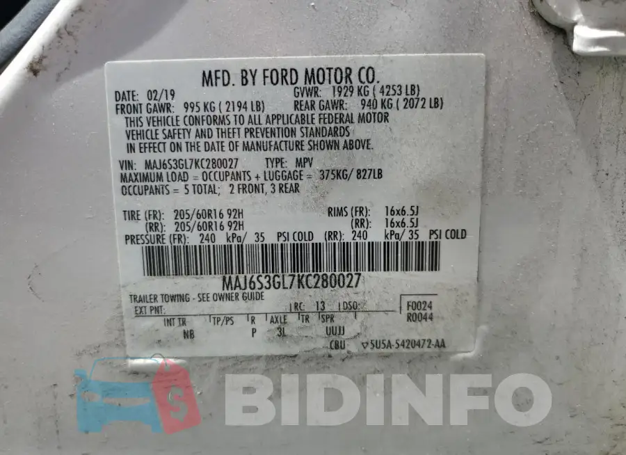 MAJ6S3GL7KC280027 Photo# 14