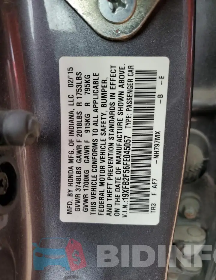 19XFB2F56FE045057 Photo# 13