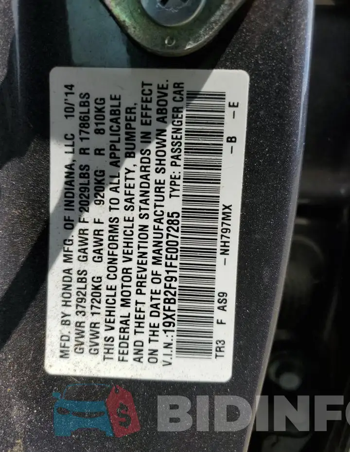 19XFB2F91FE007285 Photo# 12