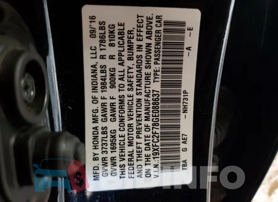 19XFC2F78GE088637 Photo# 12