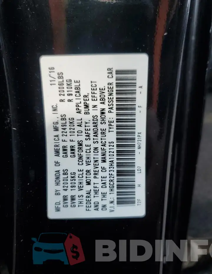1HGCR2F33HA102125 Photo# 12