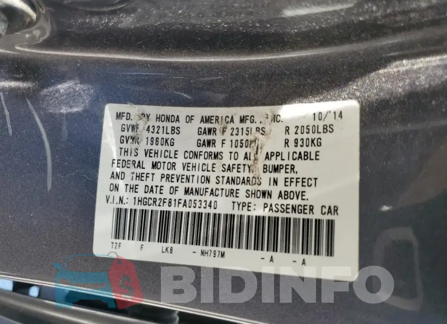 1HGCR2F81FA053340 Photo# 12