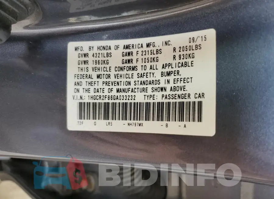 1HGCR2F86GA033232 Photo# 12