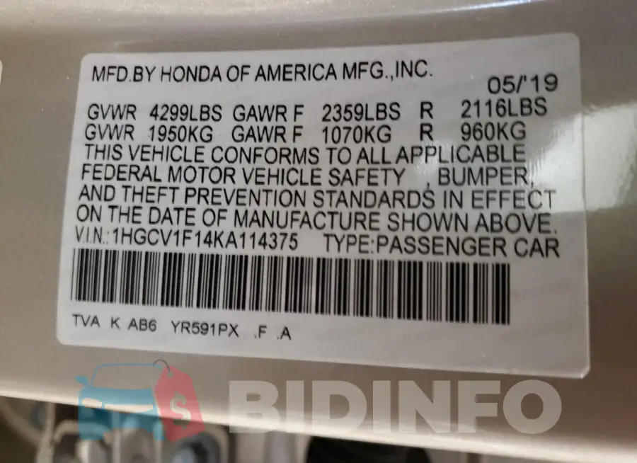 1HGCV1F14KA114375 Photo# 12
