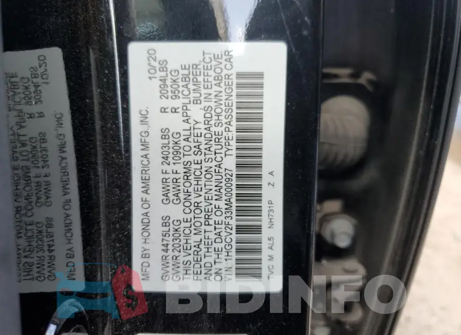 1HGCV2F33MA000927 Photo# 12