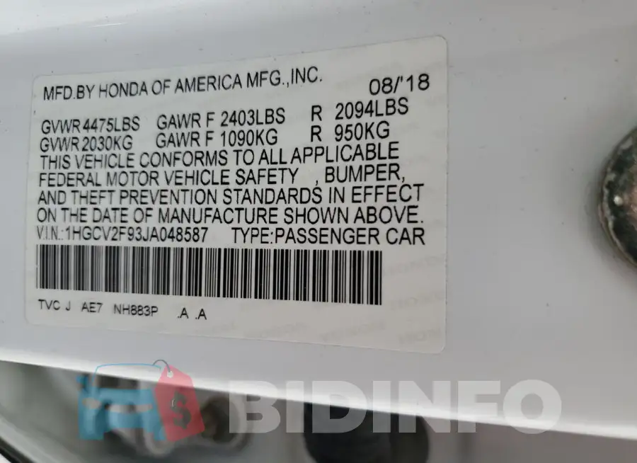 1HGCV2F93JA048587 Photo# 12