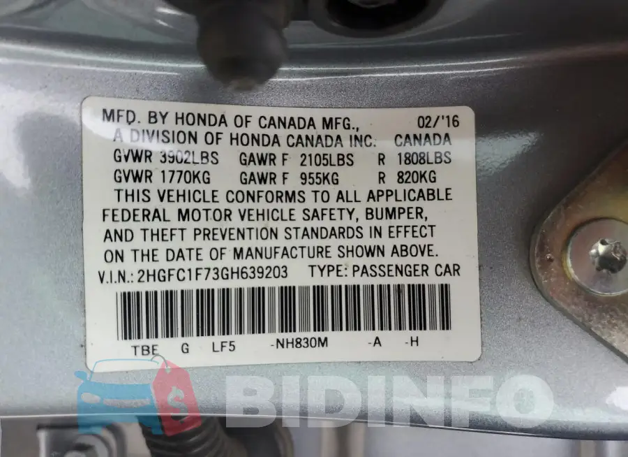2HGFC1F73GH639203 Photo# 12
