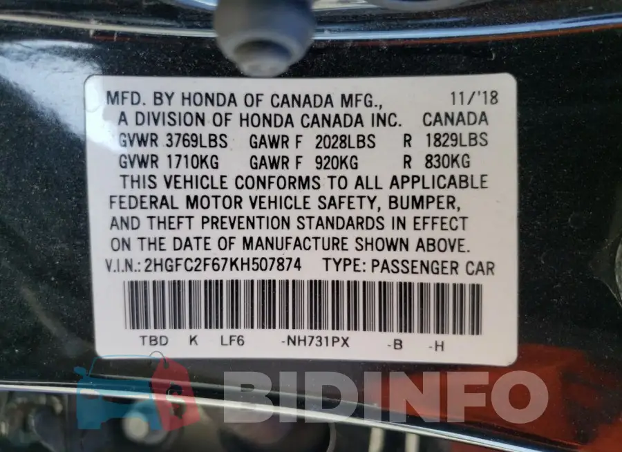 2HGFC2F67KH507874 Photo# 12