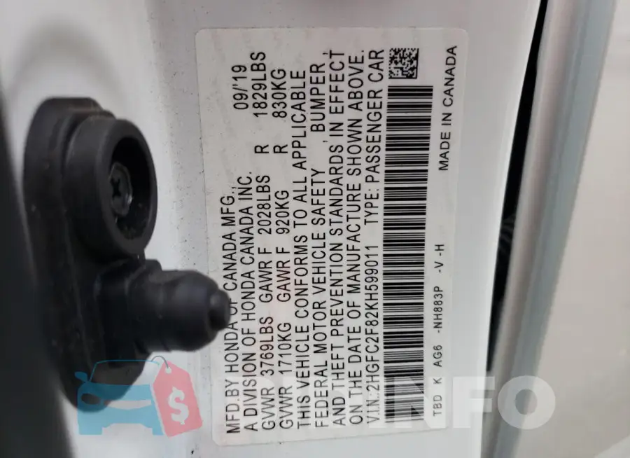2HGFC2F82KH599011 Photo# 12