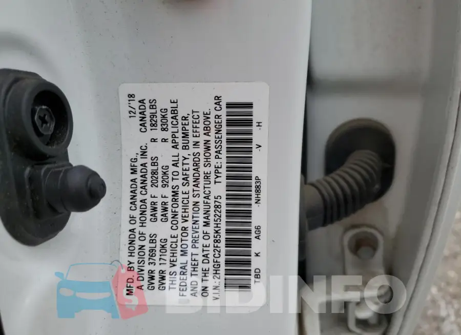 2HGFC2F85KH522875 Photo# 12