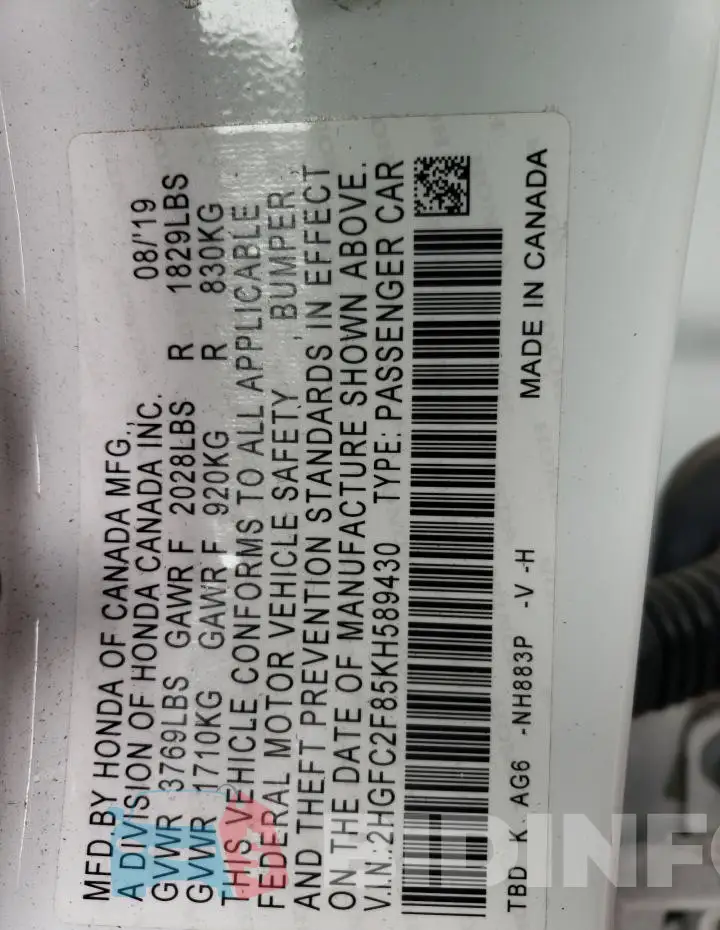 2HGFC2F85KH589430 Photo# 12