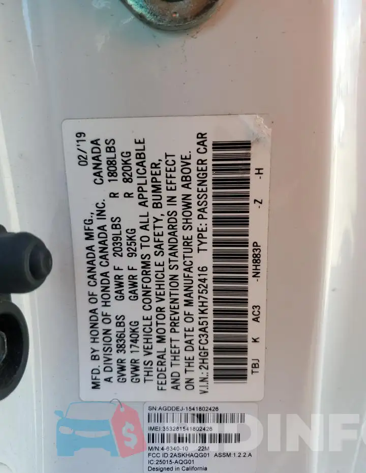 2HGFC3A51KH752416 Photo# 12
