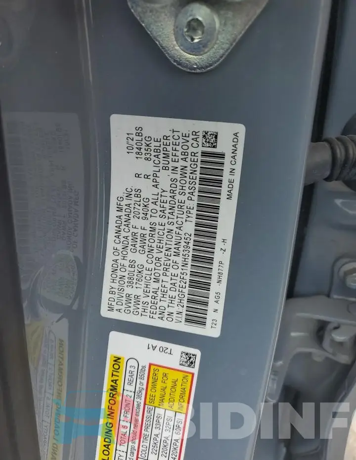 2HGFE2F51NH539452 Photo# 12