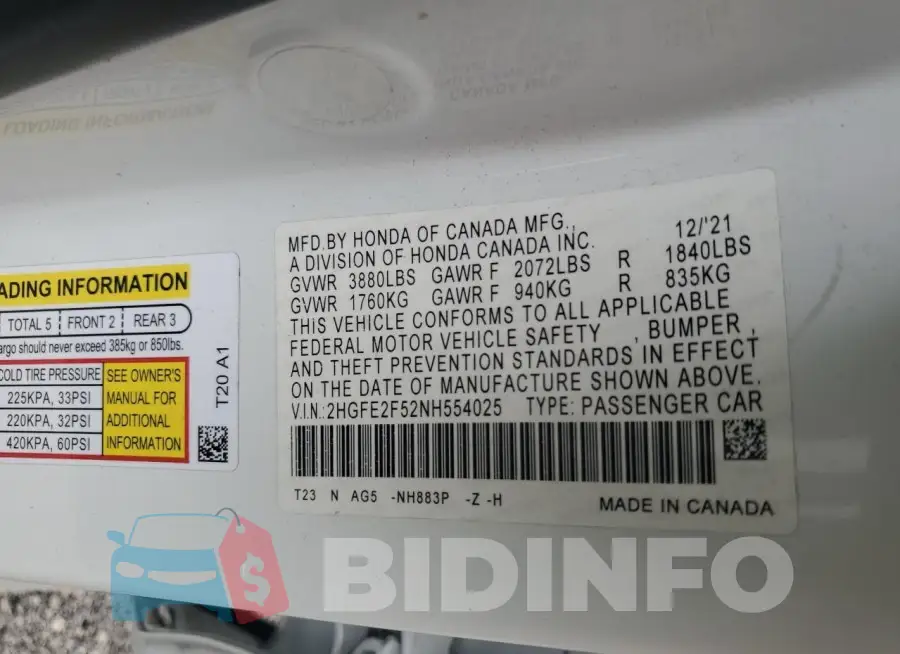 2HGFE2F52NH554025 Photo# 13