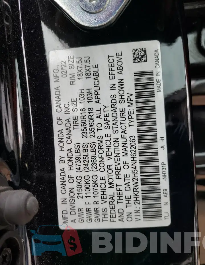 2HKRW2H54NH622063 Photo# 12