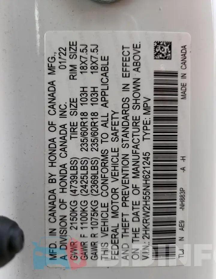 2HKRW2H55NH621245 Photo# 13