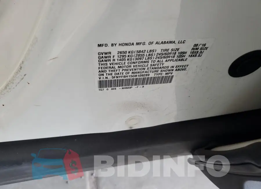 5FNYF6H15GB109289 Photo# 12