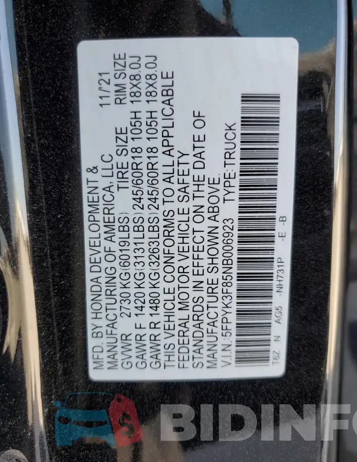5FPYK3F85NB006923 Photo# 12
