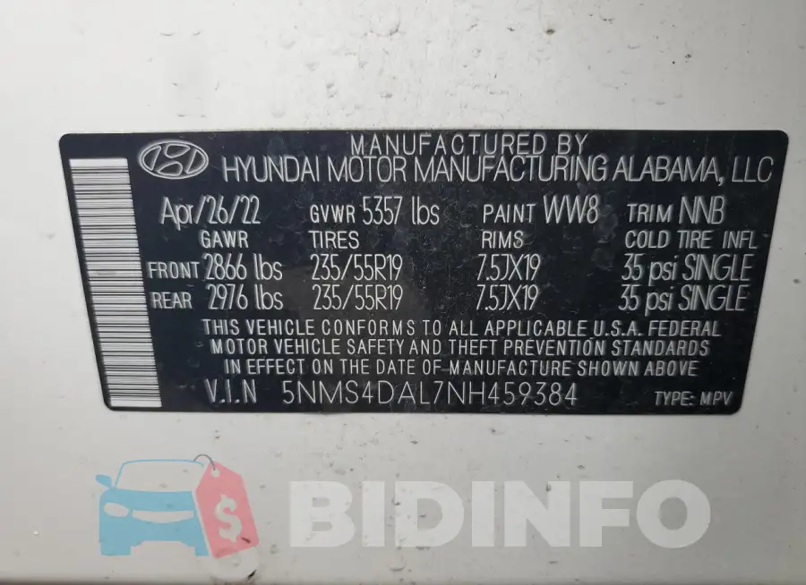 5NMS4DAL7NH459384 Photo# 13
